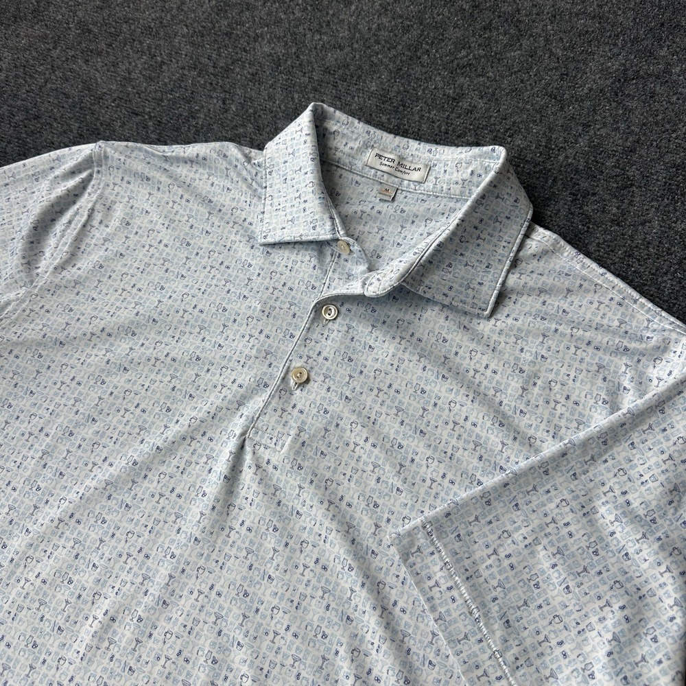 Peter Millar Summer Comfort Polo Shirt Mens M Blue Geometric Mixed Drinks AOP